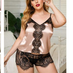 Pink and Black Lace Tank Top and Lace Short with Thong